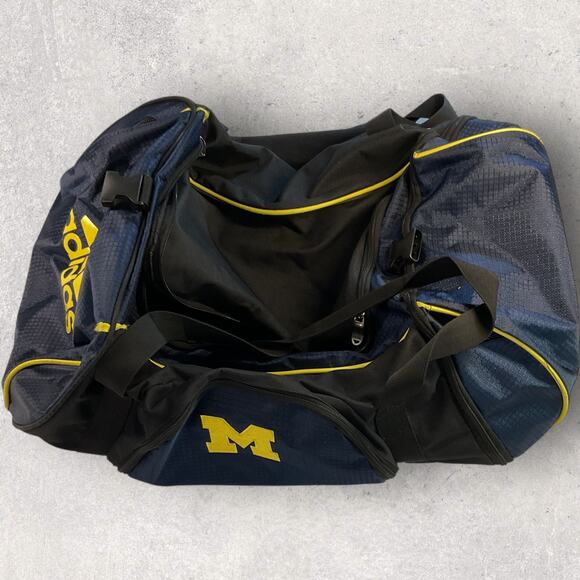 Adidas University of Michigan Wolverines Duffel Gym Bag Blue Yellow Logo Sports - Picture 1 of 12